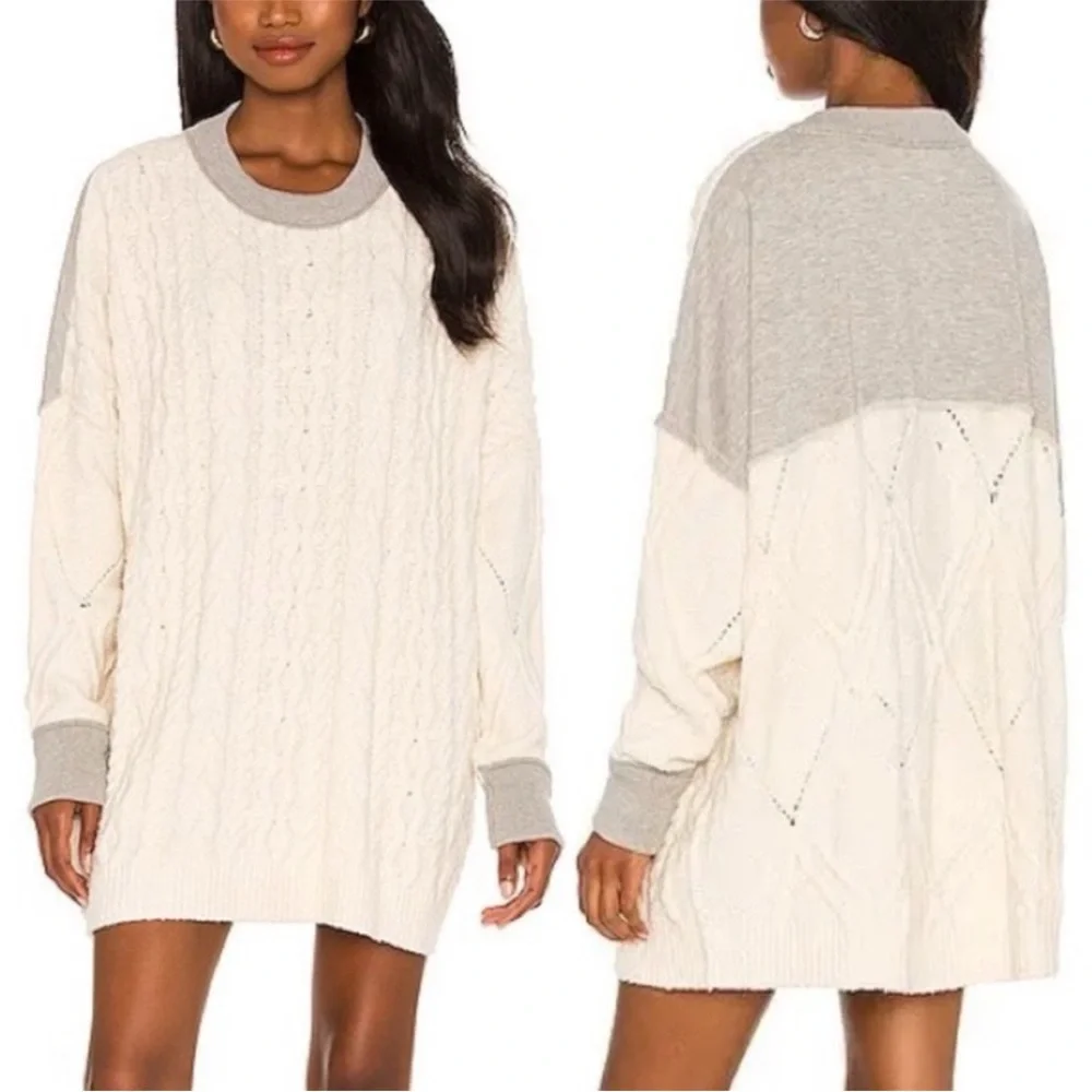 Free People Olympia Oversized Cable Knit Sweater Cream Gray Size XS